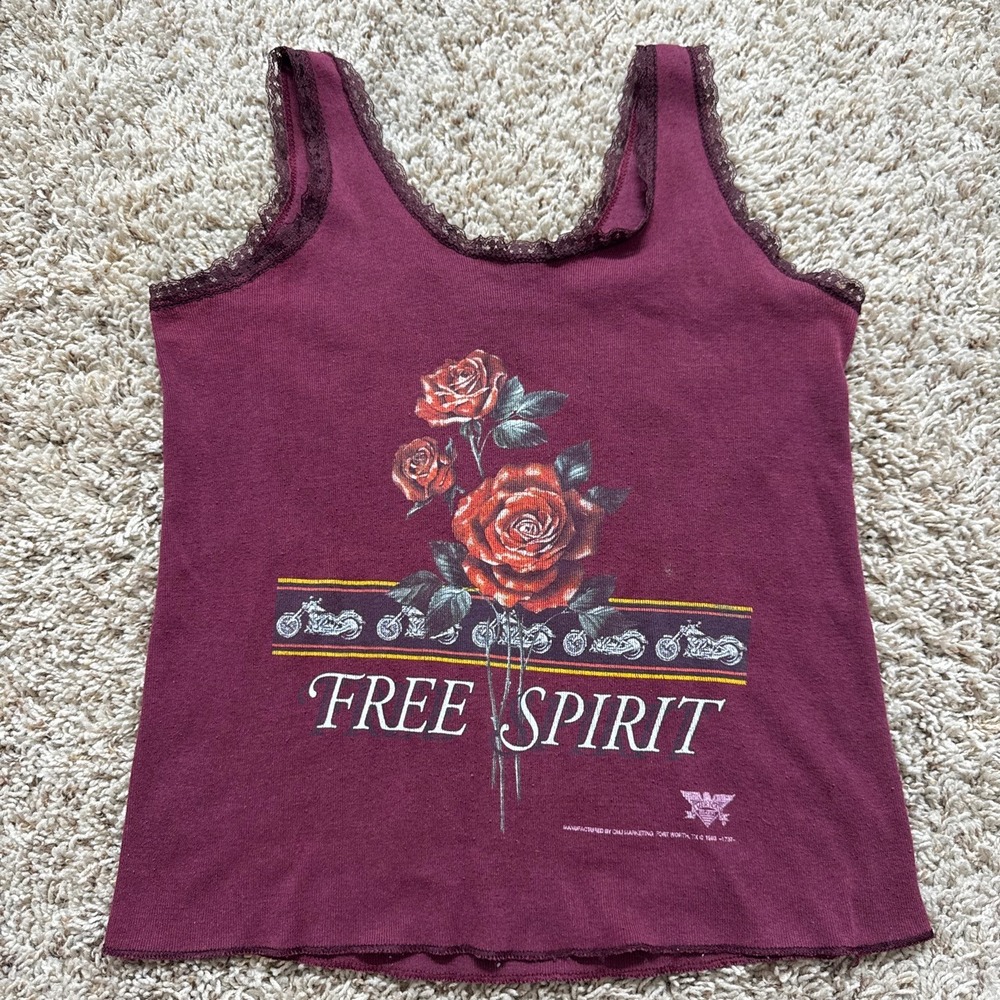 Vintage 1993 3D Emblem Free Spirit Rose Lace Tank Top Maroon Biker USA Made M
